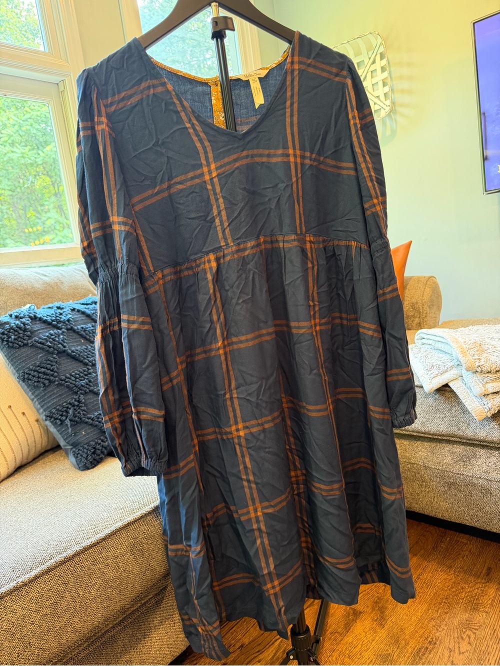 Matilda Jane Navy and Brown Plaid Long-Sleeve V-Neck Dress